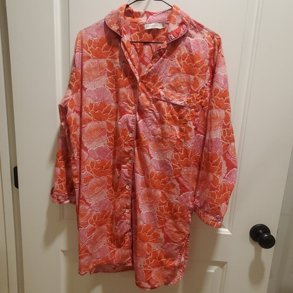 Mahogany Night Shirt Nightgown Pajama Sz S Pink Orange Floral Button Down Cotton